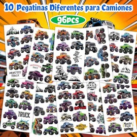 10 Hojas Tatuajes Temporales, Tatuajes Temporales para niños, 96 Piezas, Patrones con Temática de Camiones, Resistente al Agua y al Sudor, para Fiesta