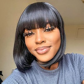 ToyoTress Blunt Cut Bob Wigs With Bangs - 14 Inch Shoulder Length Light Yaki Straight Hair Daily Costume Wig For Black Women, Soft Synthetic Hair Replacement Wigs Heat Resistant (14 Inch, #4）
