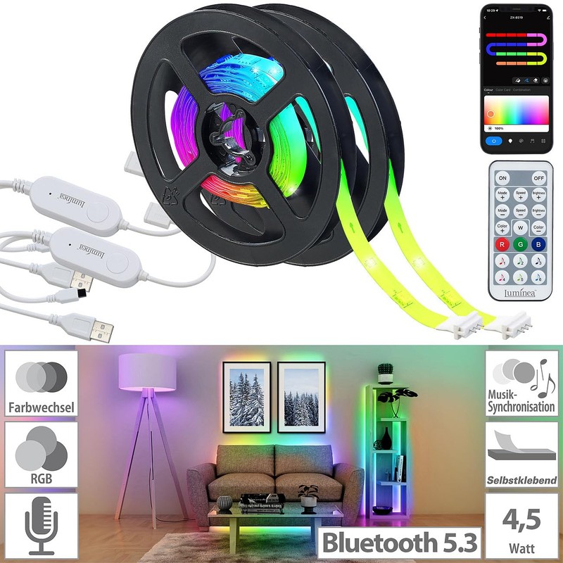 Luminea Home Control RGB LED Strips USB: Set of 2