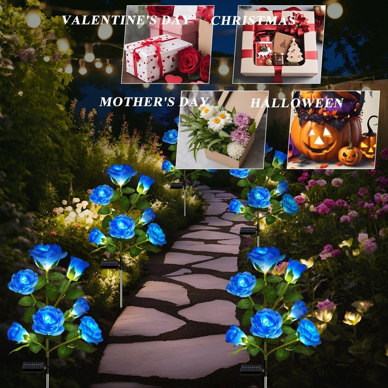 DWH 2 Pack Solar Garden Lights Outdoor, 7-Flower Rose LED