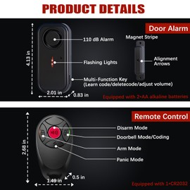 Door Alarm with Remote, Pool Door Alarm for Kids Safety, Upgraded IP66 Wireless Waterproof 110 DB Indoor/Outdoor Home Security Sensor, 2 Remote