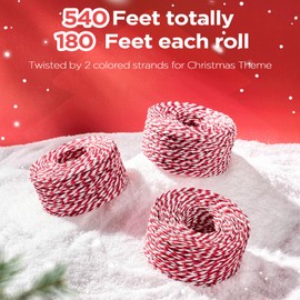 Sooez 3 Rolls Raffia Ribbon Twine String, 540 Feet Christmas Wrapping Paper for Crafts, Red and White Christmas Ribbon for Gift Wrapping, Raffia Yarn for Holiday DIY Gift Supply, 180 Feet Each Roll