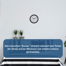 TFA Dostmann Analog Wall 60.3064.01 Modern Silent Sweep Movement Kitchen Office Clock Black Frame, (L) 254 x (B) 254 x (H) 34 mm