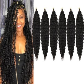 BALINGHAIR Ocean Wave Crochet Hair 30 Inch Deep Wave Braiding Hair Black Long Curly Crochet Braid Hair Extensions(1B-6Pcs)