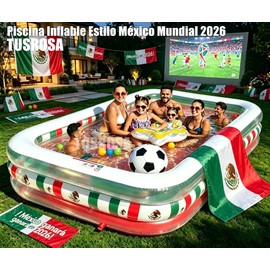 Alberca Inflable Rectangular de México 2026 para Familias con Balón de Fútbol y Parches de Reparación