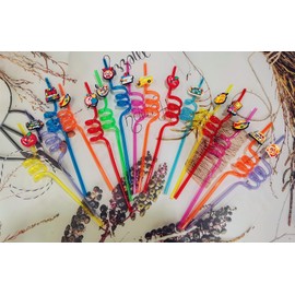 24 Packs Bulk Reusable Plastic Straws for Kids Birthday Party Favors,Back to School Theme Curly Drinking Straws Baby Show Party Supplie
