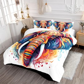 AUCOOMA Hand Painted Elephant Print Comforter Set Queen,Comforter with 2 Pillowcases,Hand Painted Elephant Print Comforter,All Season Use Bedding Set for Kids Boys Teens