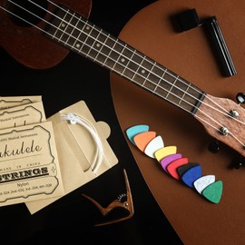 Ukulele Strings Accessories Kit, Nylon Ukulele Strings Set, Tuner, Felt Picks, Capo, Finger Protectors,String Winder for Soprano Concert Tenor Ukulele (28PCS, Walnut color)