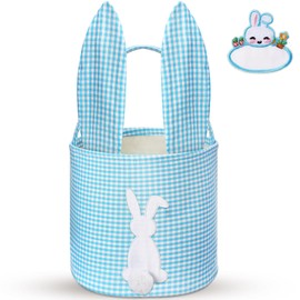 Clysee Easter Baskets Bunny Basket with Name Tag, Rabbit Ear Easter Stuffer Basket, Classic Gingham Easter Gift Storage, Gifts Buckets for Easter Egg Hunts Party Decoration Supplies (Blue)