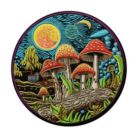 Mushrooms Patch 3" Iron-on Sublimated Applique for Clothing Vest Jacket, Retro Badge, Sew-on Decorative Craft, Planets Cosmos, Vintage, Stars Moon, Hippie, Woodstock Logo, Psychedelic, S8