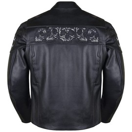 Vance Leather Men's Stand Up Collar Premium Motorcycle Jacket with Reflective Skulls and Inside Conceal Carry Pockets