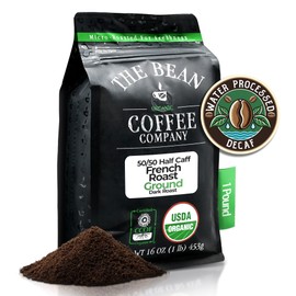 The Bean Organic Coffee Company 50/50 (Half Caff) French Roast, 50% Decaf, Dark Roast, Ground Coffee, 16-Ounce Bag, Café Molido Tostado Orgánico descafeinado