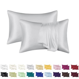 Luxurious Silky Satin Pillowcase for Hair and Skin - Set of 2 - Vegan Friendly - Standard Size - Silk Satin - Super Soft and Smooth, Cooling - Vegan (Silver)