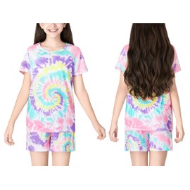 Tebbis Trendy Tie Dye Spiral Pajamas for Girls 2-Piece Soft Tee & Shorts PJ Set Jammies Size 16