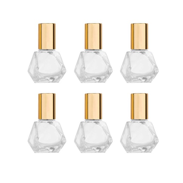 Furnido 5ml(1/6oz) Shaped Glass Roller Bottle For Essential Oils,Mini Glass Bottles With Stainless Steel Roller Balls,Gold Aluminum Caps Portable Roll-On Vial Aromatherapy Perfume Container-Pack of 6