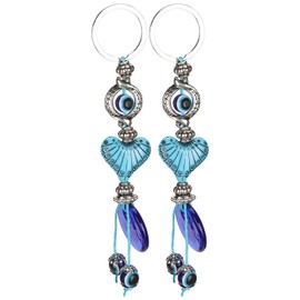 Fydun 2Pcs Evil Eyes Keychain Lucky Eye Key Ring Blue Turkish Amulet Heart‑Shaped Beads Pendant Keyring Jewelry
