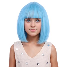 PATTNIUM Light Blue Bob Wig with Bangs Kids Child Short Sky Blue Bob Wig Girls Cosplay Party Synthetic Rose Net Daily Wear Wig
