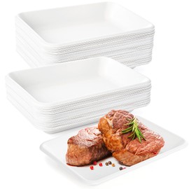 WRINGKIT 100 Piece White Rectangle Plastic Plates, 7 Inch Supermarket Meat Tray, Heavy-Duty Party Dessert Plate, Plastic Dinner Plates for Warm And Cold Foods, BBQ Grill Roast Food Plates