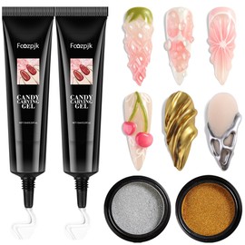 Fcozpjk 3D Sculpting Gel for Nail Art, 2PCS 10g Clear 3D Gel Liner Polish Carving Modeling Gels for Nail Design, 5D Embossed Candy Gels with Gold Silver Chrome Powder Kit