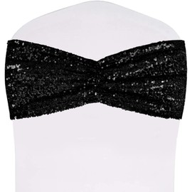 SquarePie Pack of 10 Sequin Chair Sashes Glitter Black Bows Bands for Wedding Banquet Party Decor