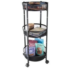 Organize It All Round Storage Rolling Cart | Dimensions: 14.56"x 14.56"x 34.64" | 3 Tier Mesh Round Baskets | Collapsible | Lightweight | Home Organization | Black.
