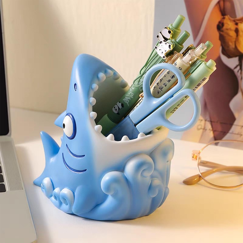 Cute Shark Resin Multifunctional Organizer: Toothbrush Holder, Makeup Brush Storage
