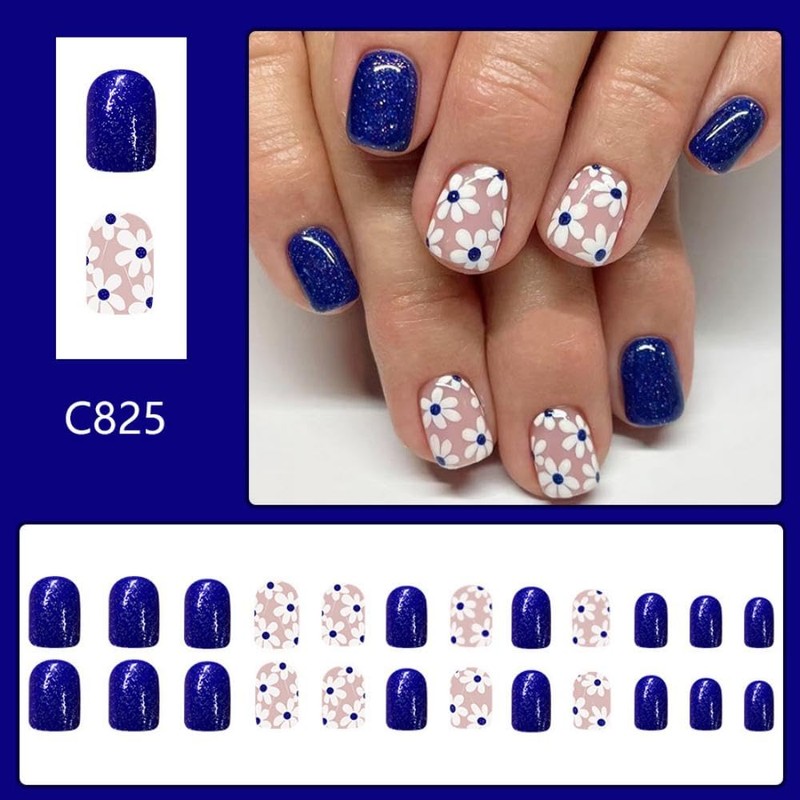 Blue Press on Nails Short Square False Nails with Flower