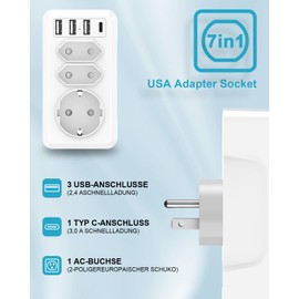 7-in-1 Travel Adaptor USA Adapter Socket Adapter USA Germany Plug Socket Adapter USA with 3USB & 1USB C, 3AC, EU to USA Adapter Travel Adapter for America Thailand Mexico Canada