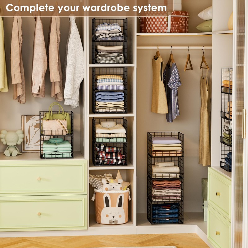 Stackable Closet Organizers and Storage Baskets, 4-Tier Closet Shelf Organizer