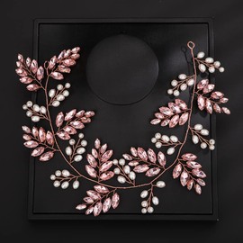 Denifery Wedding Crystal Pearl Hair Vine Bridal Rhinestone Headband Handmade Wedding Headpiece Crystal Hair Pieces Hair Accessories for Bride Women Girls (Pink)