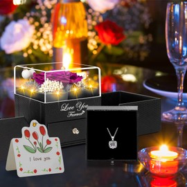 Labana Preserved Real Purple Rose Birthday Gifts for Women Wife Her Mum Girlfriend Girl Grandma with I Love You Heart Necklace Eternal Rose Flowers on Anniversary Valentine's Day Mother Day Christmas