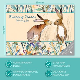 TGSC | Kissing Hares Gifted Stationery Letter Writing Sets | Ballpoint Pen with 32 x A5 Letter Paper Sheets & 16 x envelopes | Writing paper & envelopes | Letter Writing Set & 2 sheets of letter seals