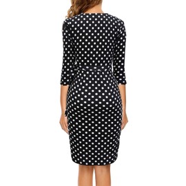 Berydress Women's Classic 3/4 Sleeve V Neck Sheath Casual Party Work Faux Black Wrap Dress (XL, 6083-Black Dot)