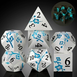 Glow in The Dark Flower Metal Dice, DNDND 7 PCS Blue Metallic D&D Dice Set with Grogeous Gift Case for Dungeons and Dragon Tabletop Game (Glow in The Dark Blue)
