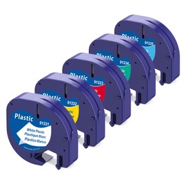 Aken Compatible tapes to replace Dymo letraTag label tape, plastic, 12 mm x 4 m, colourful, black on white/yellow/red/green/blue, for Dymo LT-100H LT-110T QX50 XR 2000, 91221 91222 91223 91224 91225