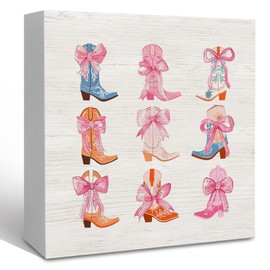 KFXHANGD Preppy Cowgirl Boots Wooden Box Sign Desk Decor, Pink Bow Decor, Trendy Western Cowgirl Cowboy Decorative Signs Decor for Teen Girls Room Dorm, Coquette Bow Home Shelf Desk Decor 5x5 Inch