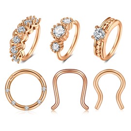 VFUN Nose Septum Rings Stainless Steel Daith Earrings Hinged Clicker U Shaped Septum Jewellery Nose Hoop Piercing 6PCS - Rose Gold
