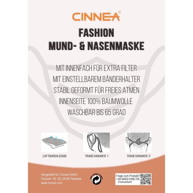 CINNEA® Black Harmony Adjustable Face Mask Community Mask with 2