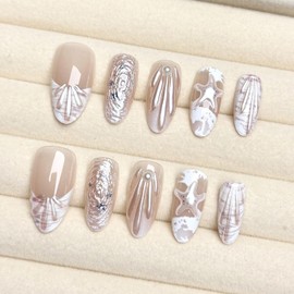 RIICFDD Handmade Fake Nails Medium Almond Nails with Glue,Nude Press on Nails Summer 3D Starfish Design, Ocean Shell French Nails Reusable Acrylic Beach False Nails for Women(Size XS)