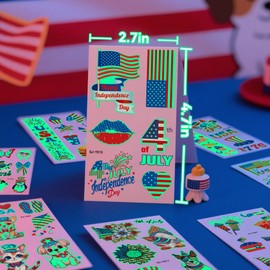 JoyfulGlam 4th of July Tattoos for Kids - 120+ PCS USA Fourth of July Temporary Tattoos,Glow in the Dark American Flag Patriotic Party Favors, 4th of July Party Accessories, Makeup Face Stickers