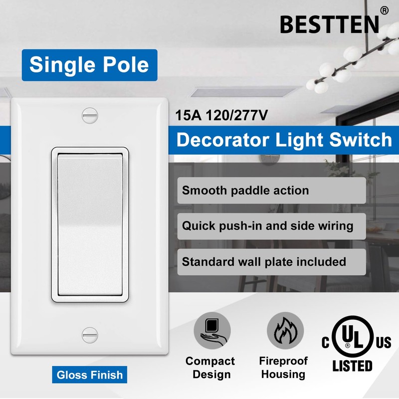 [50 Pack] BESTTEN Single Pole Decorator Wall Light Switch with