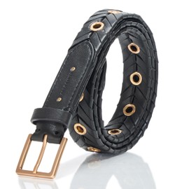AllSaints Women's 1 Inch Woven Belt with Eyelets, Gold Square Buckle, Adjustable Sizing, Black/Warm Brass, S/M