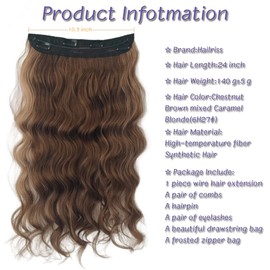 Invisible Wire Hair Extensions with 4 Secure Clips Long Wavy Secret Hairpiece for Women 24 inch Synthetic Hair Extensions with Transparent Wire Chestnut Brown mixed Caramel Blonde Curly Wavy Hair