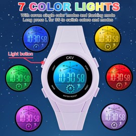 CKV Kids Digital Watch with 7 Colors LED Light for Girls Boys 3ATM Waterproof Children's Watch Outdoor Wristwatch with Soft Strap Kids Watch with Alarm, Stopwatch(Purple)