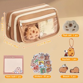 SelWatty Capybara Pencil Case, 8.26 × 5.11 × 2.95 Inch, Large Capacity Zipper Pencil Pouch, Cute Clear Pencil Case, Zipper Pencil Pouch, Comes with Medals, Stickers, Pendant, Memo Pad (B)