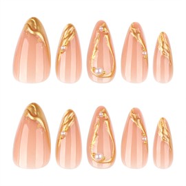 Almond Press on Nails Medium - 3D Gold Irregular Hot Stamping Pearls Designs, Nude Full Cover Fake Nails Press ons Acrylic Glossy Cute Stick on Nails for Women Girls 24 Pcs