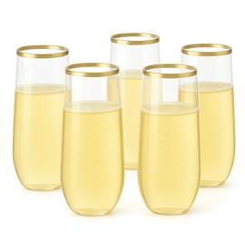 Oojami 48-Pack Gold Rimmed Stemless Plastic Champagne Flutes – 9 Oz Clear Disposable Toasting Glasses – Bulk BPA-Free Recyclable Shatterproof Event Supplies for Weddings, Parties & Celebrations