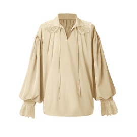 Runcati - Camisa medieval de pirata para hombre, con volantes, encaje steampunk vikingo, poeta renacentista, con cordones, disfraz de Halloween, Beige, Large