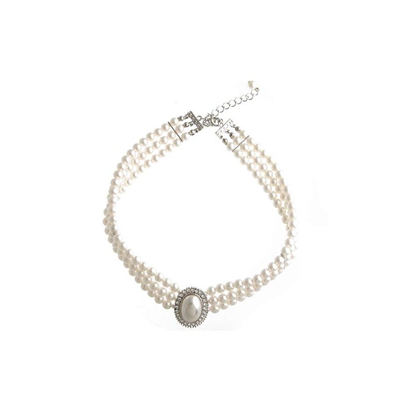 KOBE VINGTAINE C14-68 3 Rows Gorgeous Pearl Oval Rhinestone Necklace