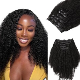 Lashey Seamless Clip in Hair Extensions Human Hair 110g 7pcs Afro Kinky Curly Clip in Hair Extensions 22 Inch Natural Black Color Hair Extension Clips